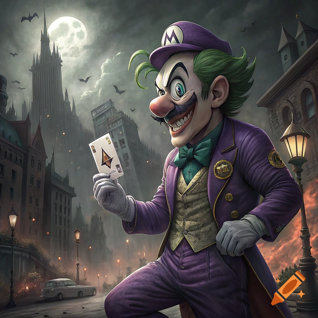 Waluigi dressed as the Joker holds a playing card in a gothic city at night.
