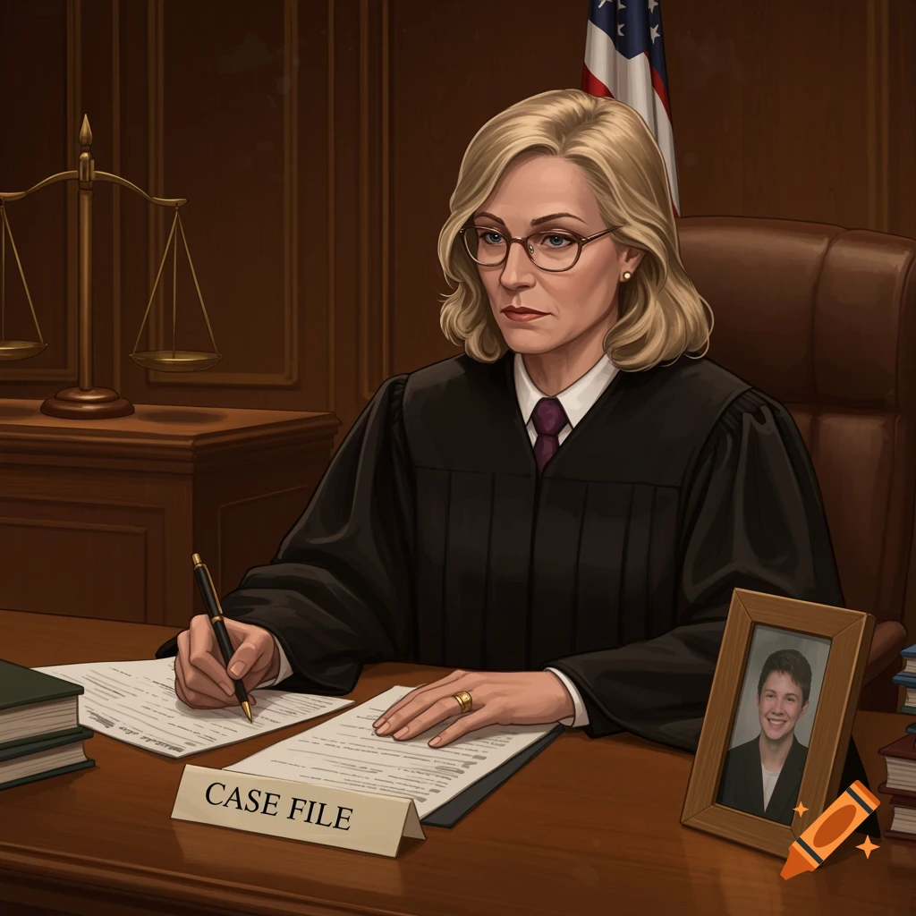 A judge sits at a desk in a courtroom, writing on papers with a framed photo and scales of justice nearby.