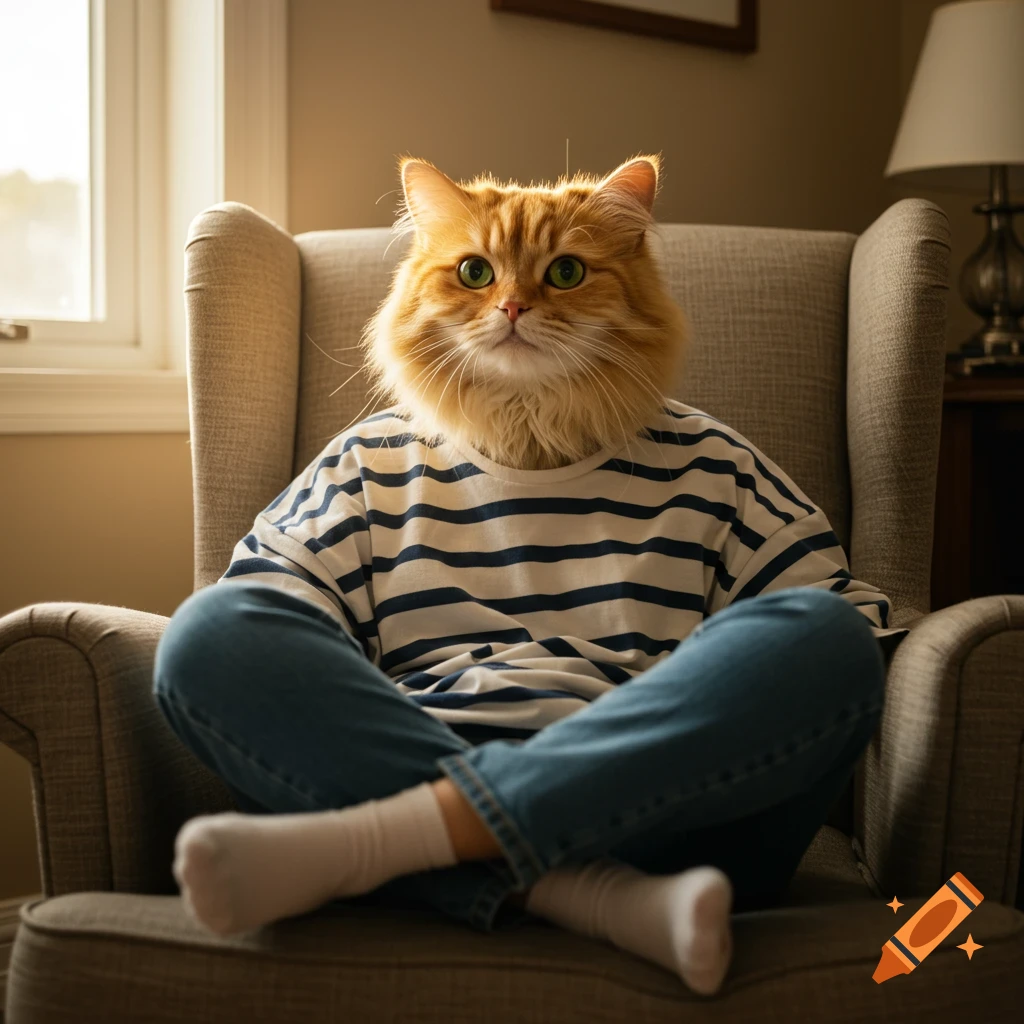 A cat head on a human body in a striped shirt sits in an armchair.