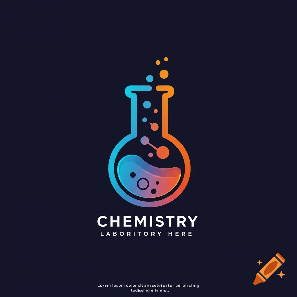 Stylized logo of a chemistry flask with blue and orange liquid and particles. Text below reads "CHEMISTRY LABORITORY HERE".