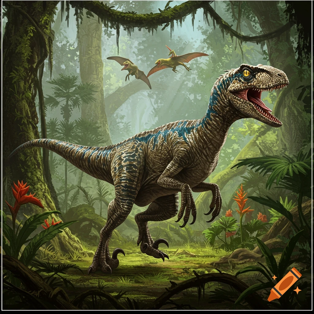 A Velociraptor stands in a lush jungle with two Pterodactyls flying.