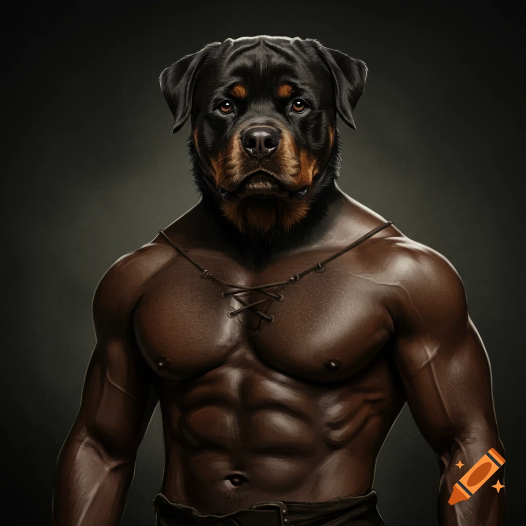 A muscular human body with a Rottweiler head.