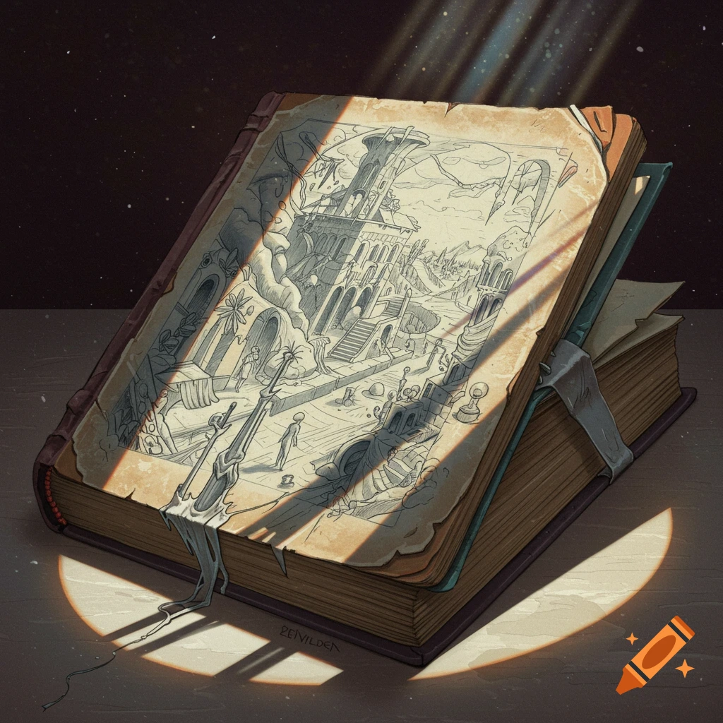 Pencil drawing of a surreal landscape within an open book, illuminated by beams of light.