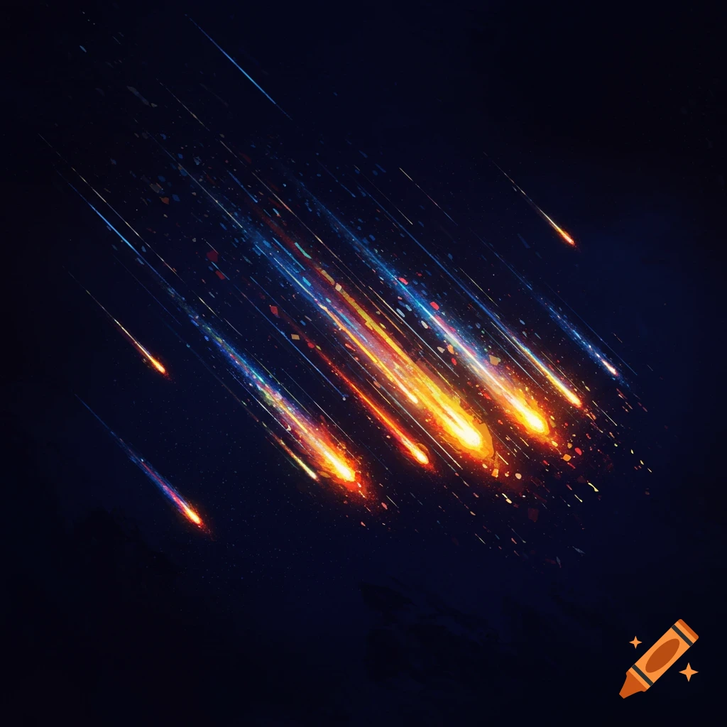 Abstract image of bright meteors falling through dark space, leaving glowing trails.