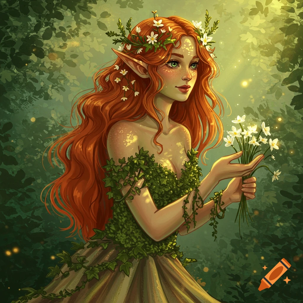 A red-haired forest nymph wears a leaf dress and holds white flowers in a sunlit forest.