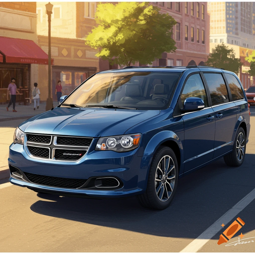 A blue Dodge Grand Caravan minivan parked on a city street.