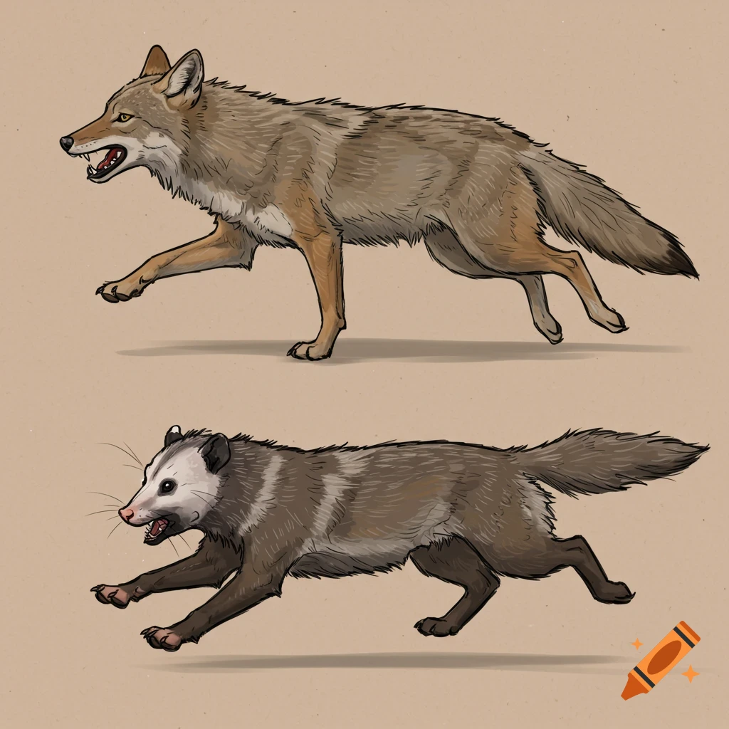 Simple illustration of a coyote and an opossum running.