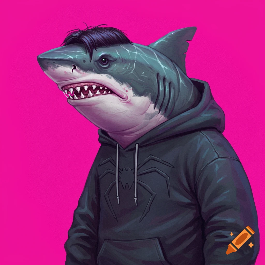 A shark with an Edgar haircut wearing a black hoodie with a red spider symbol, against a bright pink background.