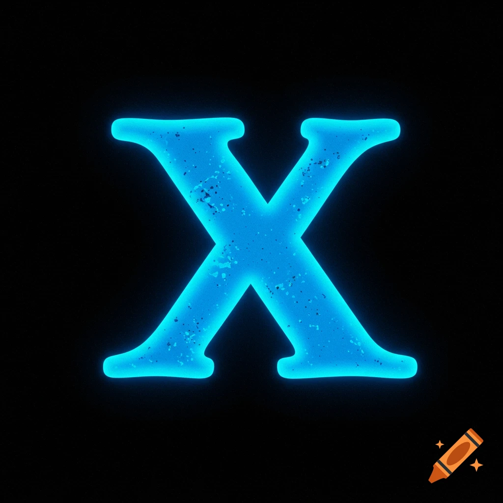 A large glowing blue letter X on a black background
