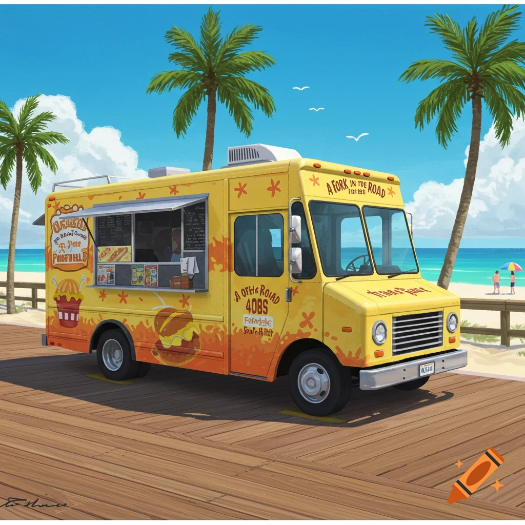 A yellow food truck called A Fork in the Road on a boardwalk next to a beach with palm trees.