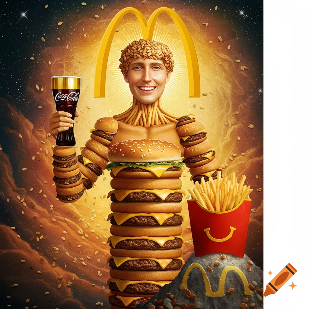 A figure made of hamburgers and fries holding a Coca-Cola with a McDonald's logo.