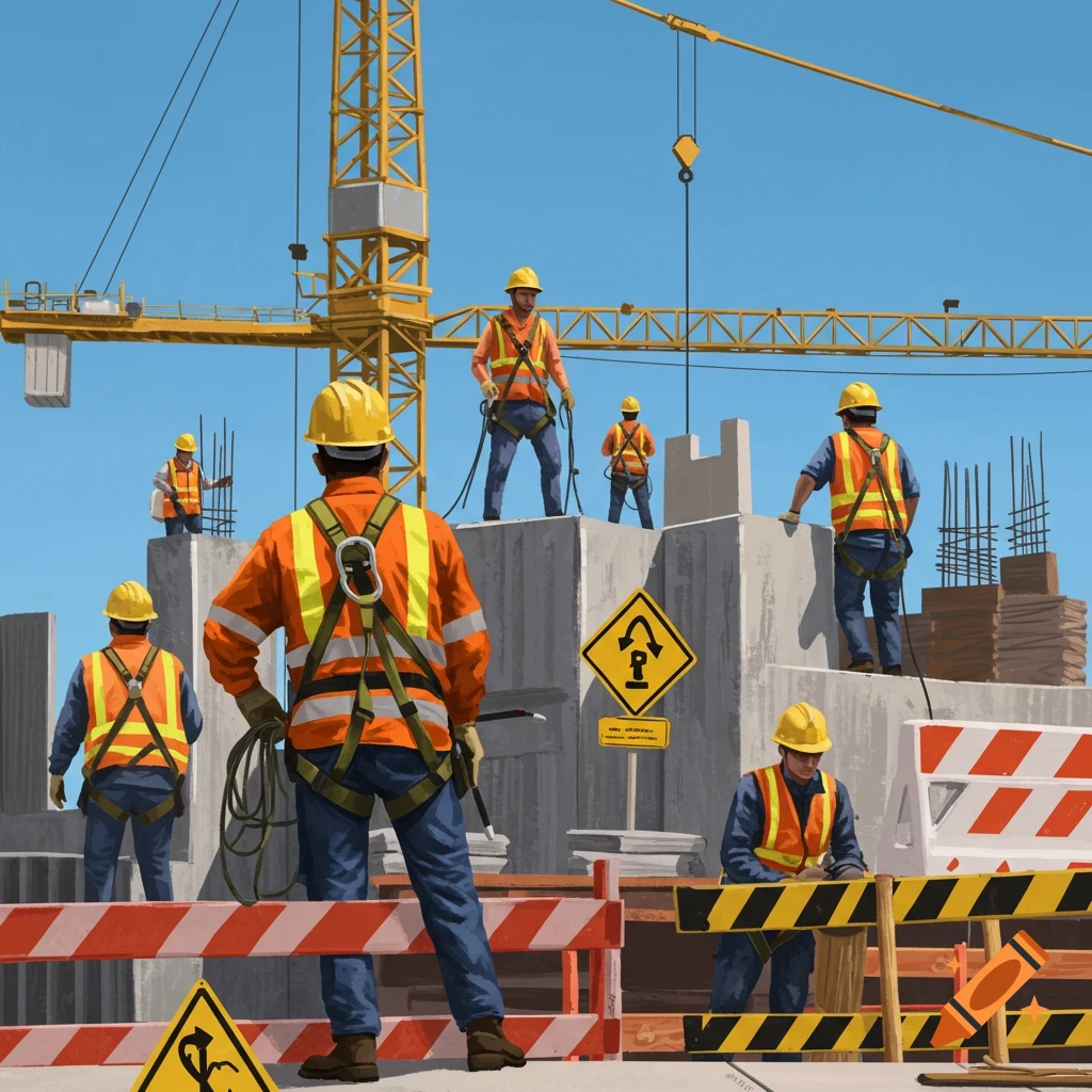 Construction workers wearing safety gear are at a construction site with a crane.