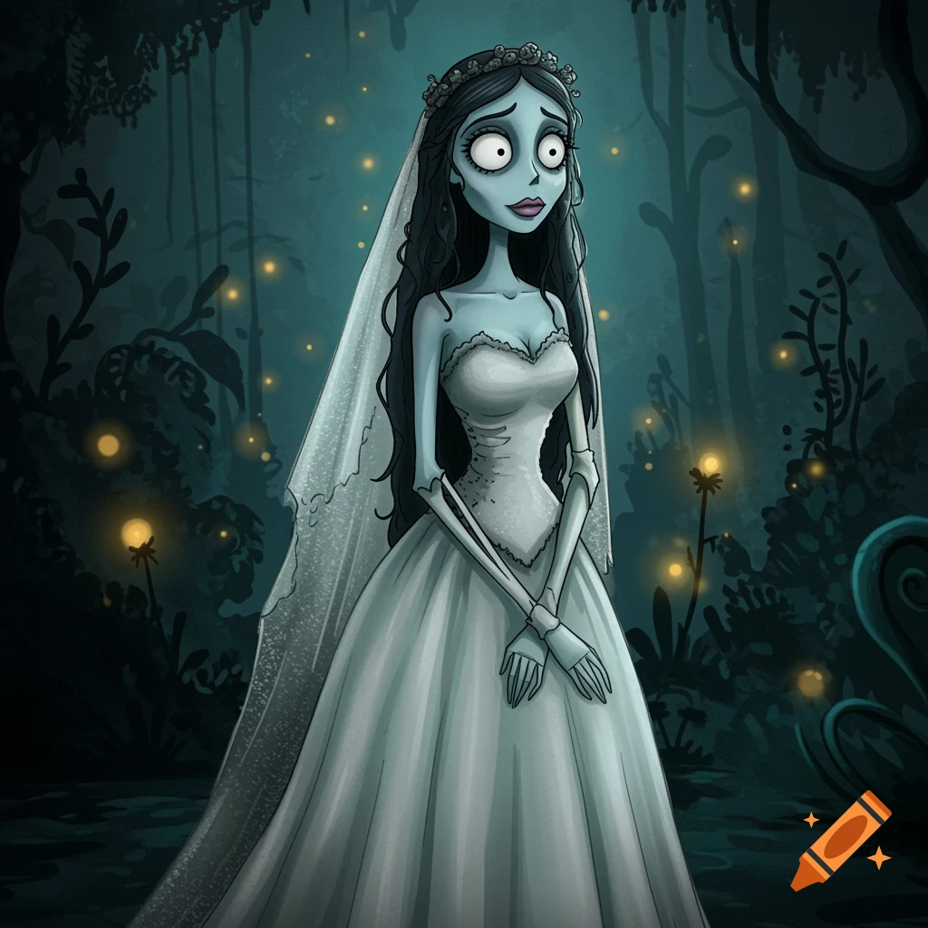 Illustration of Emily from Corpse Bride in a white wedding dress in a dark forest with glowing lights.