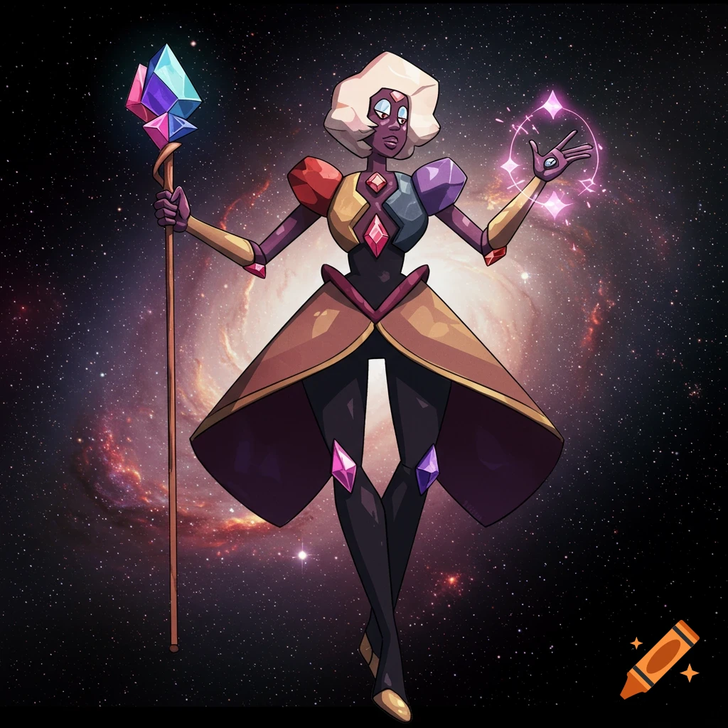 A stylized gem character holding a staff and casting magic in space.