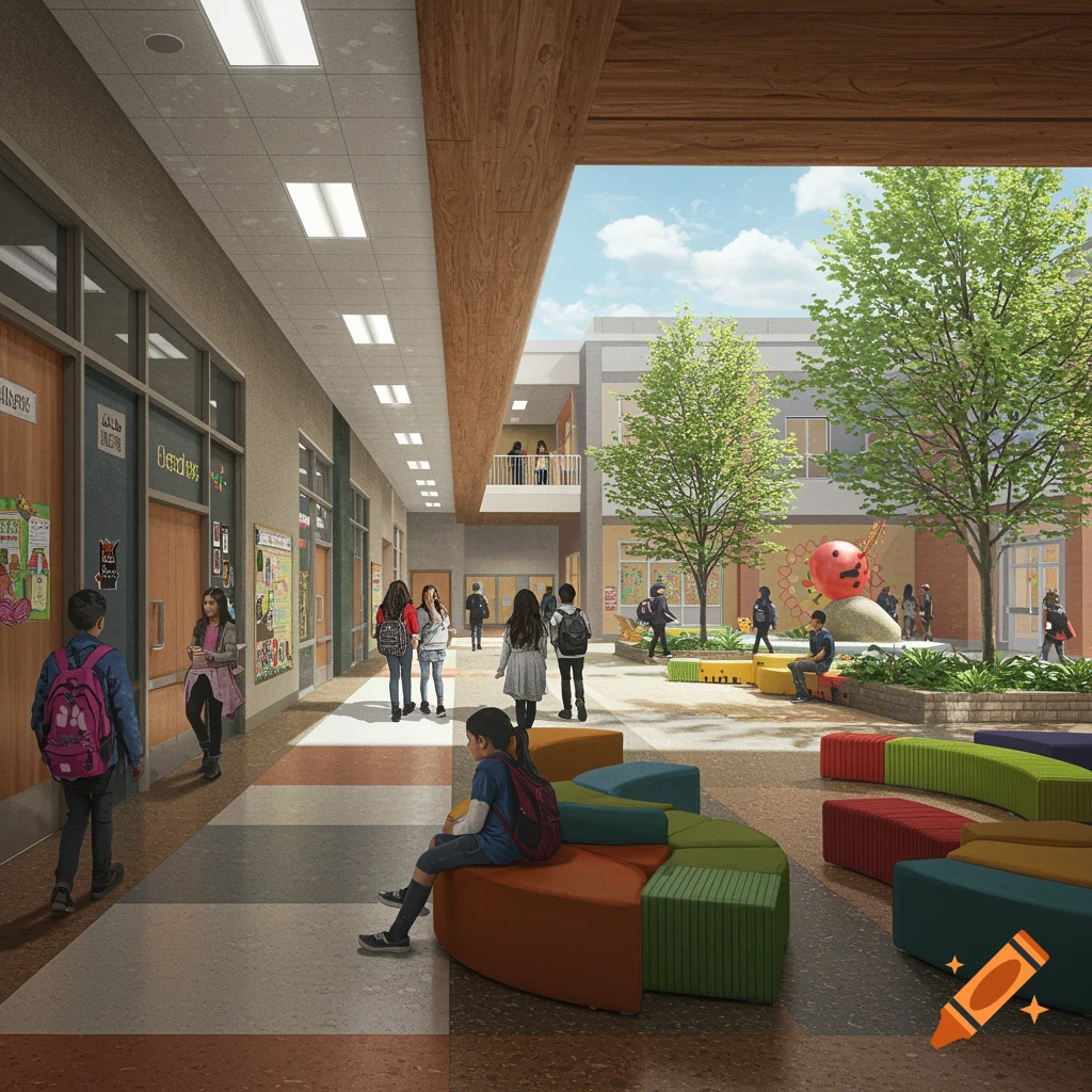 A school hallway opening into a courtyard with students