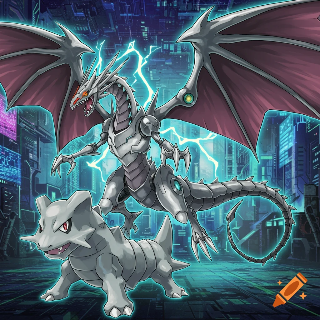 A mechanical silver dragon and a grey creature stand in a cyberpunk city with lightning.