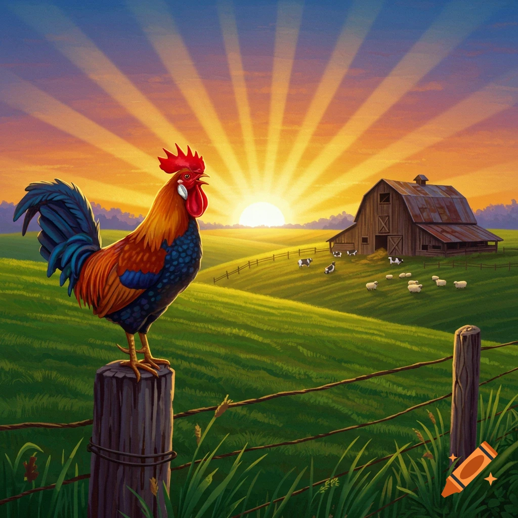 A rooster on a fence post crowing at sunrise over a farm with a barn, cows, and sheep in the background.