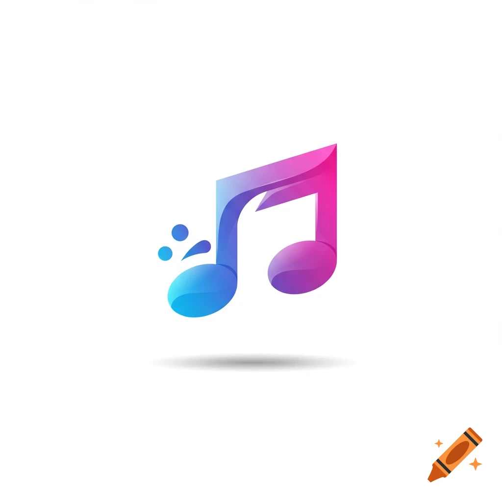 Colorful gradient music note logo with blue circles and shadow.