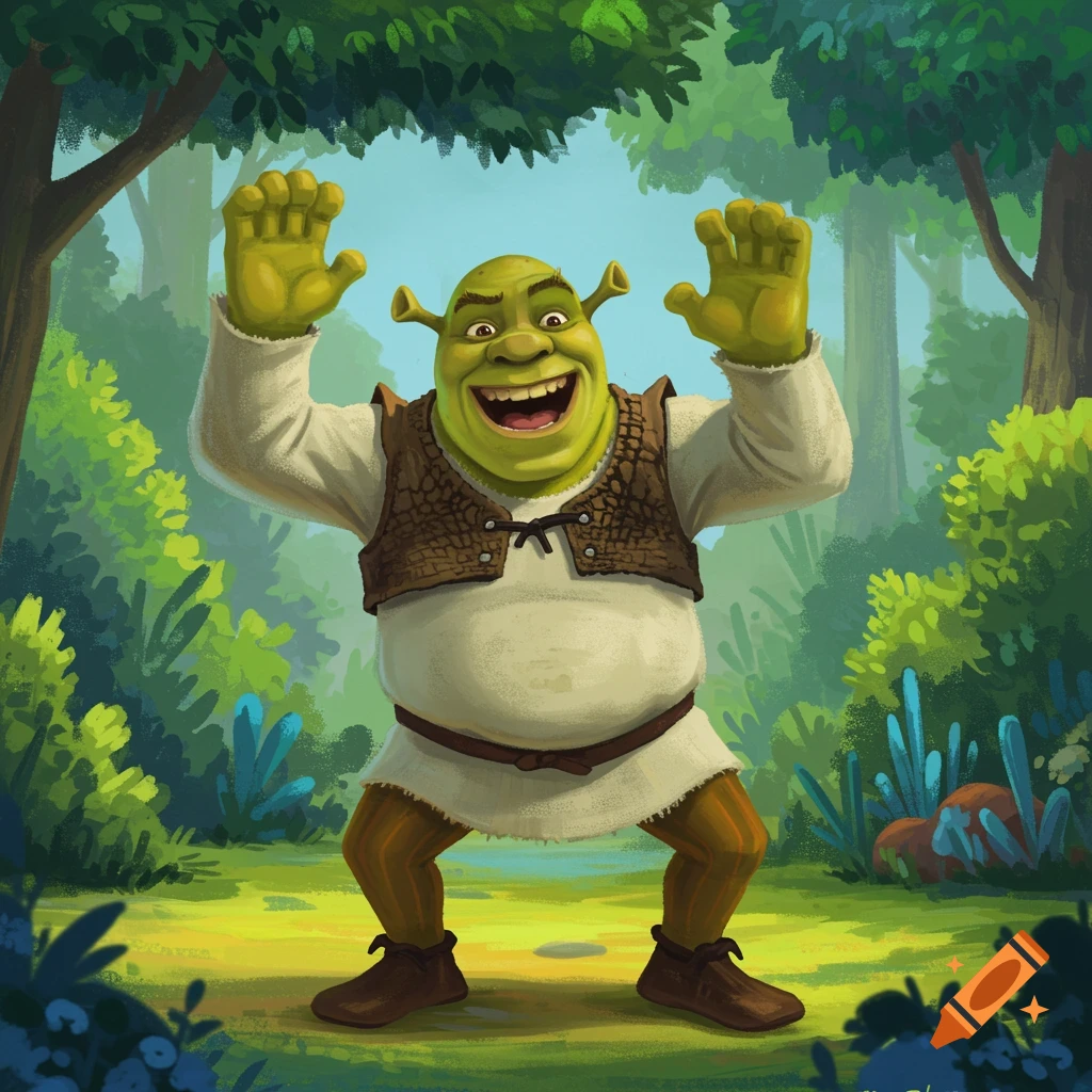 Cartoon of Shrek raising his hands enthusiastically in a forest.