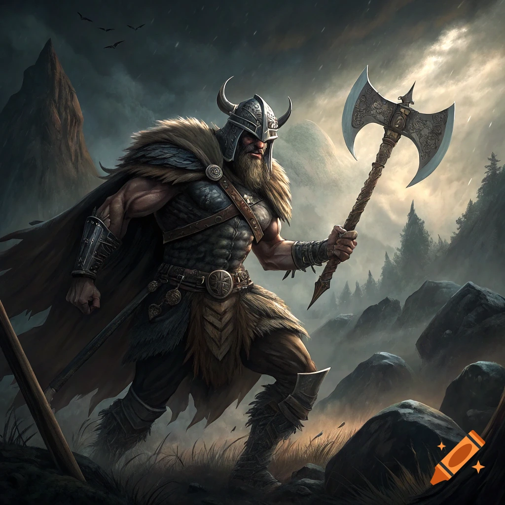 Fantasy illustration of a fierce Viking warrior holding a large axe in a stormy, rocky landscape.