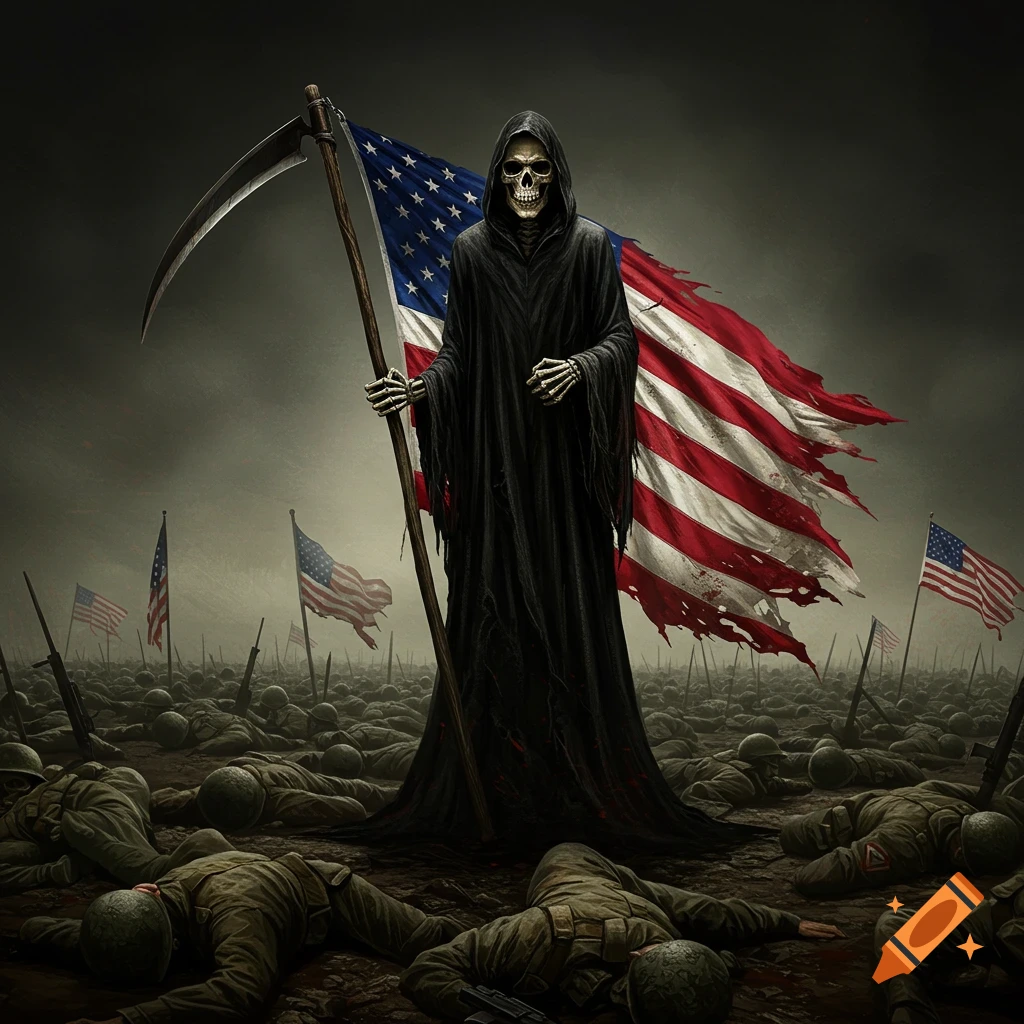 The Grim Reaper holds a scythe and a tattered American flag over a field of fallen soldiers.
