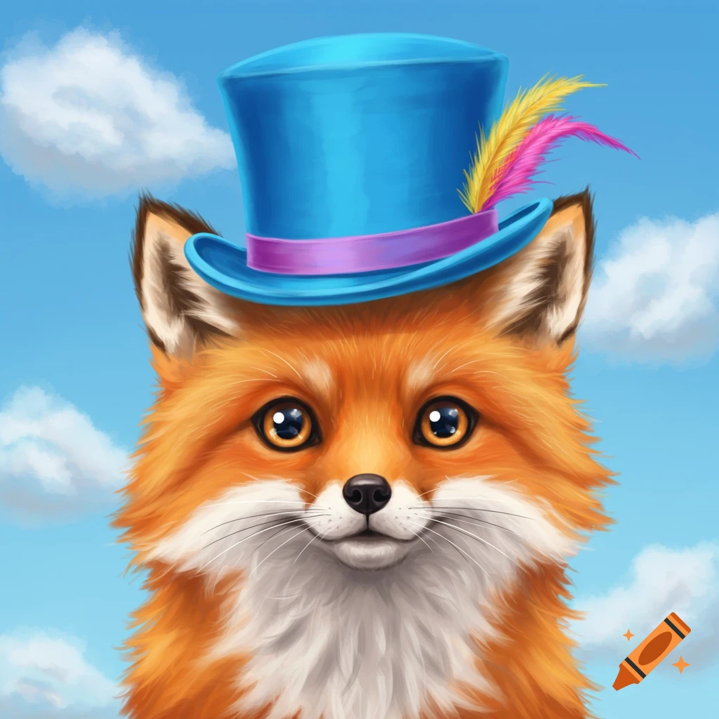 A cute fox wearing a blue top hat with feathers