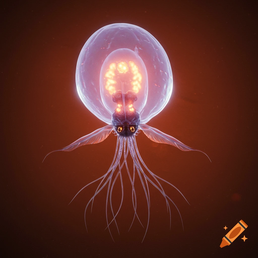 A translucent alien creature with glowing internal organs and tendrils floats in the dark.