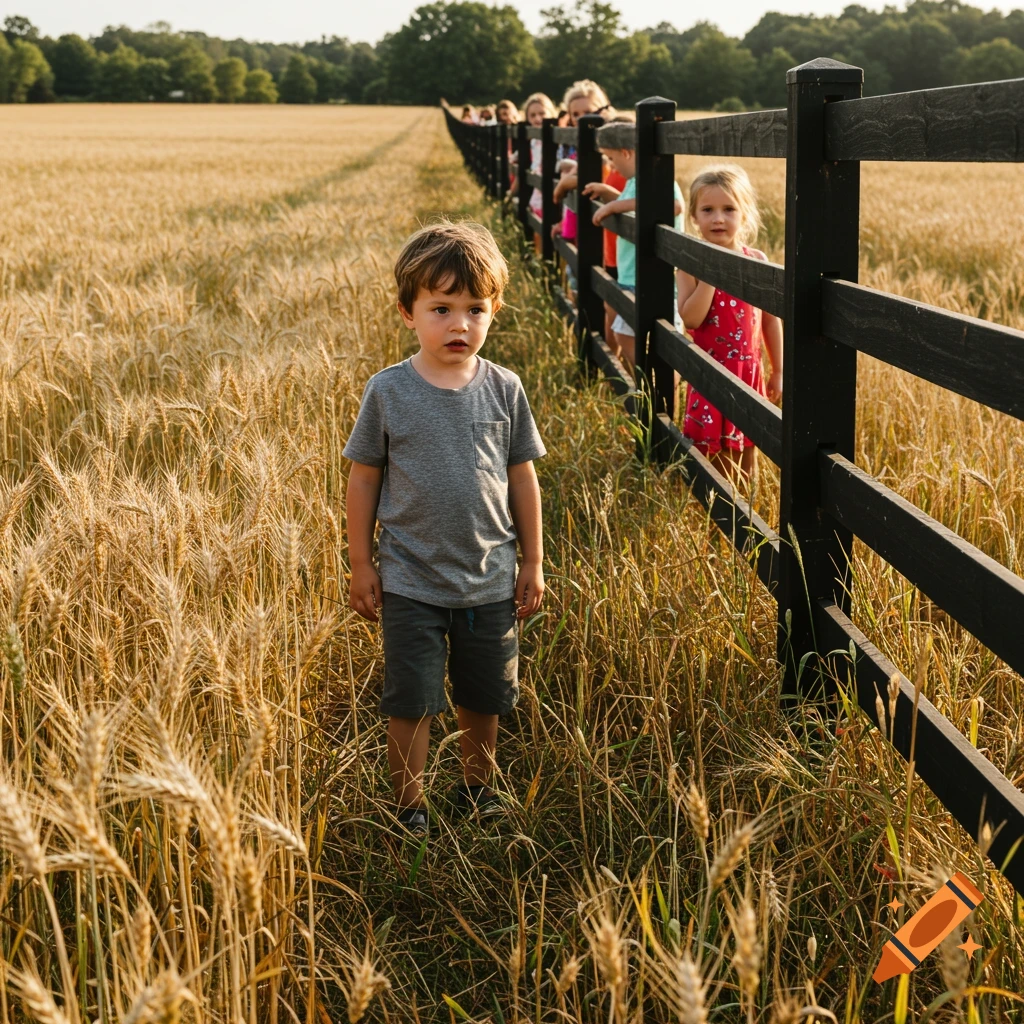 A young boy stands in a golden wheat field looking at children behind a fence in warm sunlight.