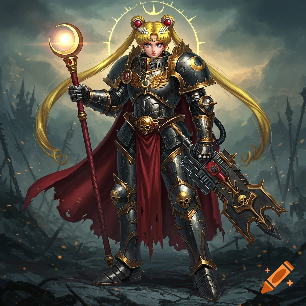 A character resembling Sailor Moon in Warhammer-style power armor holding a staff and weapon in a battlefield.