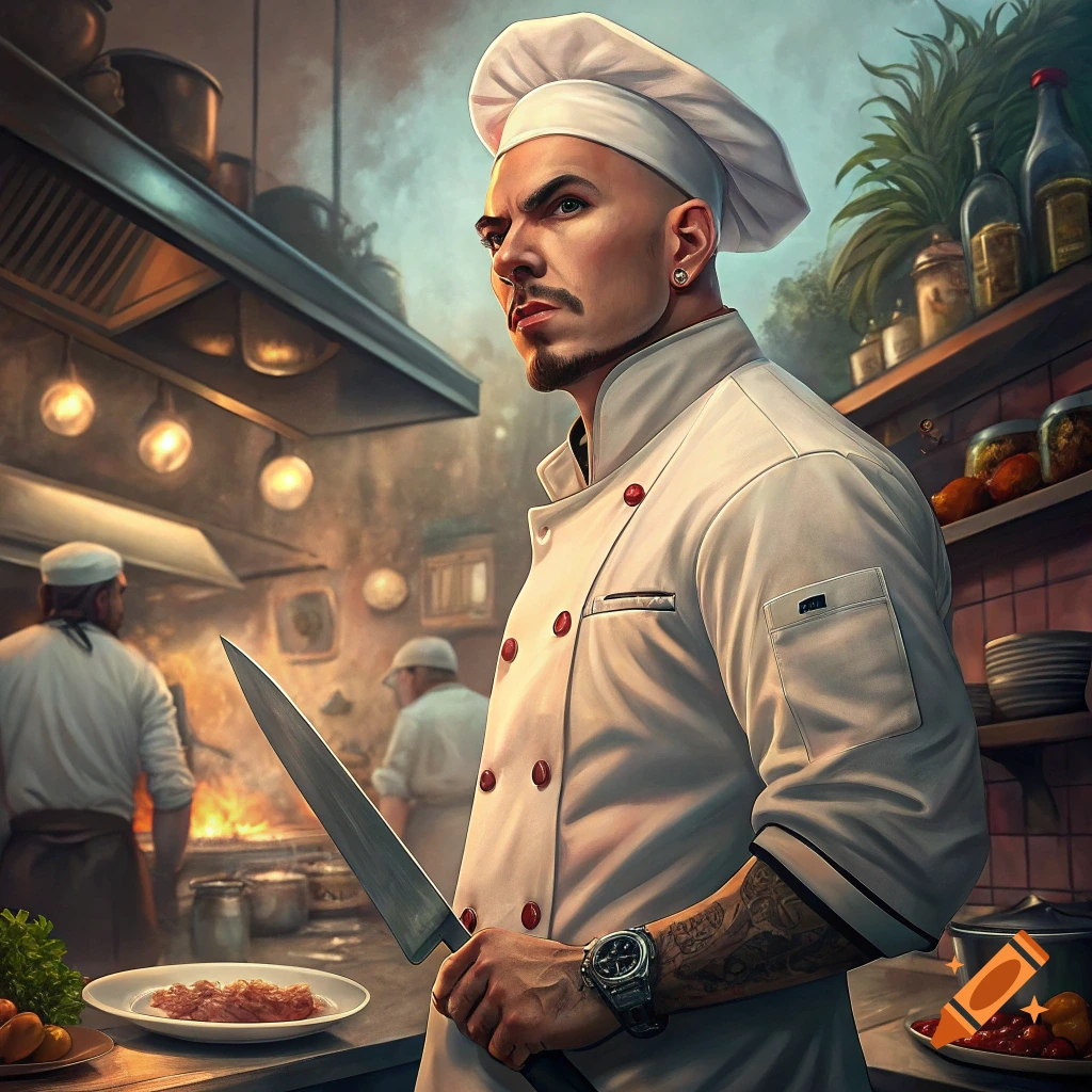 A confident chef in a white uniform holds a large knife in a busy kitchen.