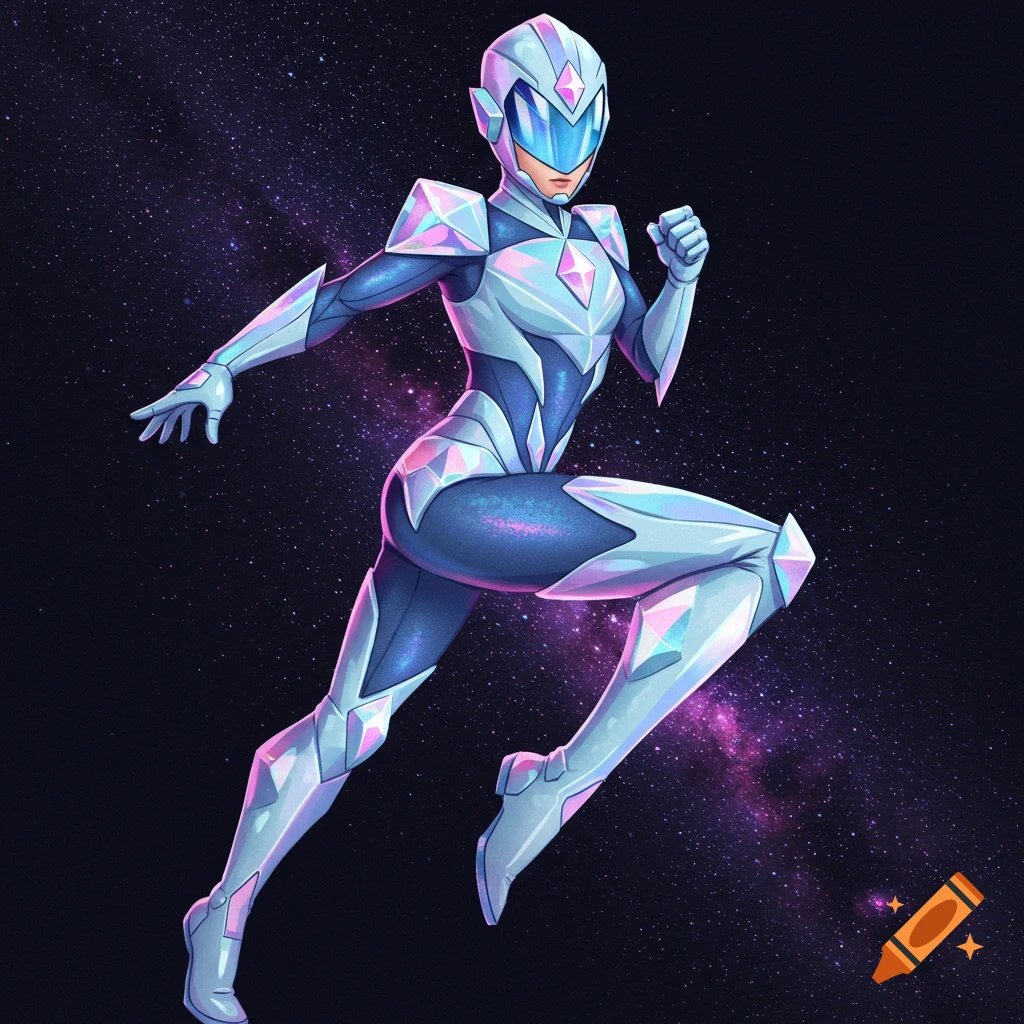 A woman in a diamond-themed superhero costume running through space.