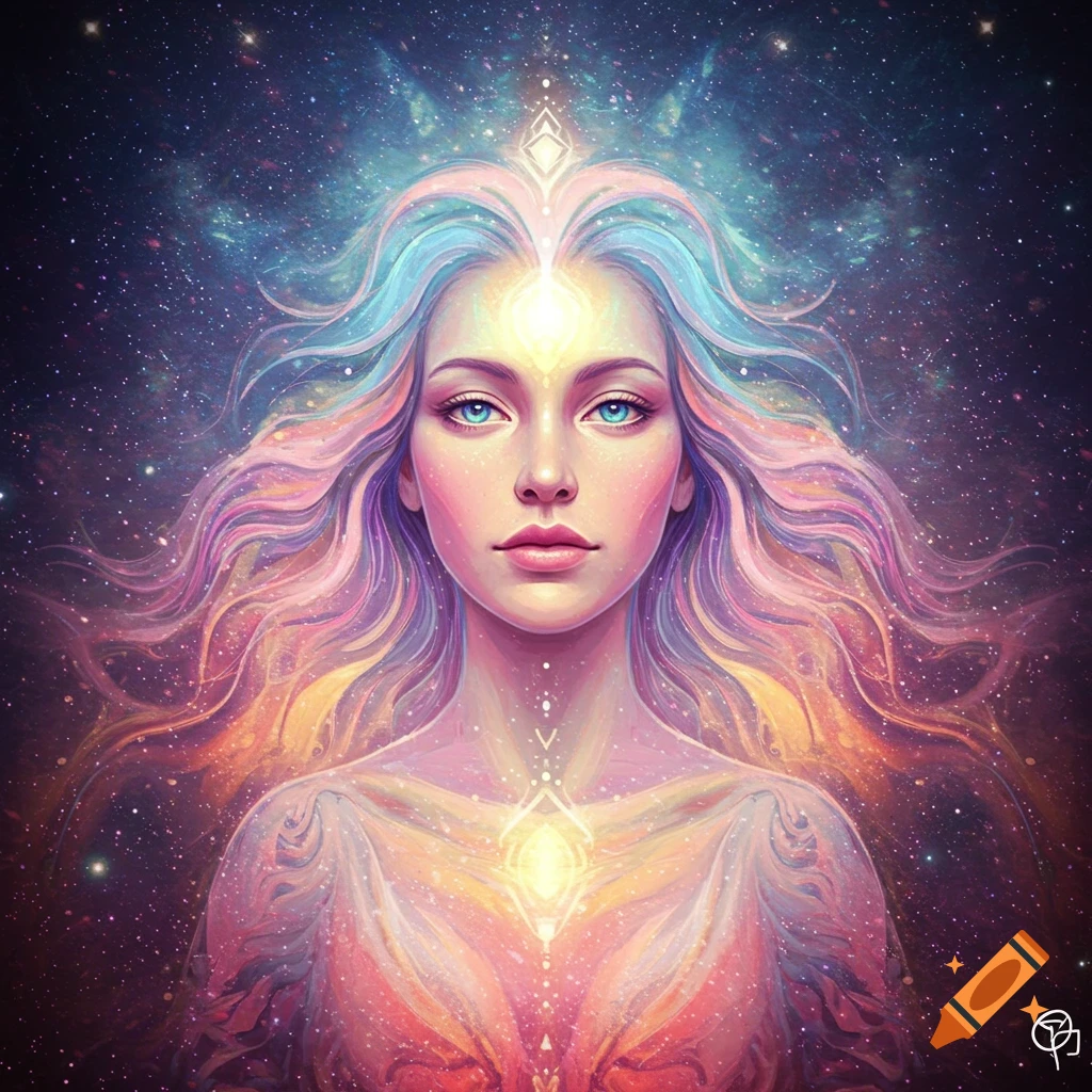 Abstract image of a spiritual woman with colorful cosmic hair and energy against a starry sky.