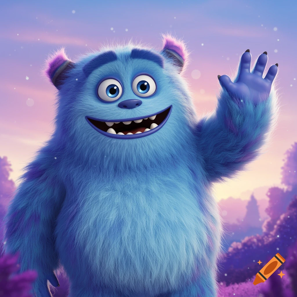 A big furry blue monster with large eyes and a toothy grin waves against a purple sunset background.
