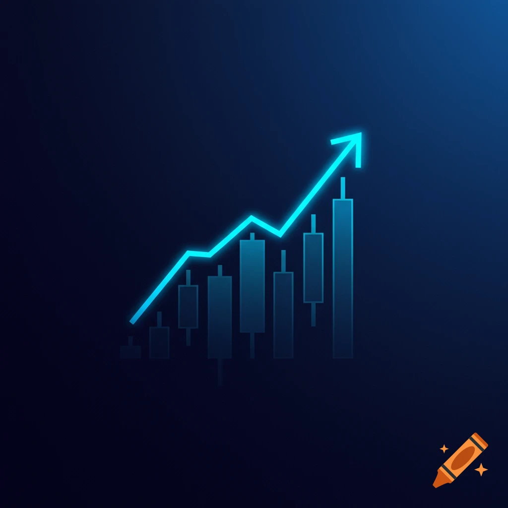 Glowing blue upward trending line and candlestick chart on a dark background.
