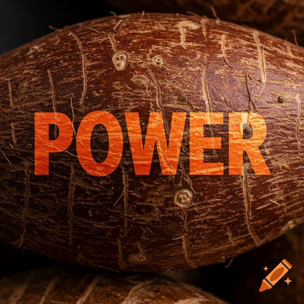 Close-up photo of a yam with the word POWER written on it.