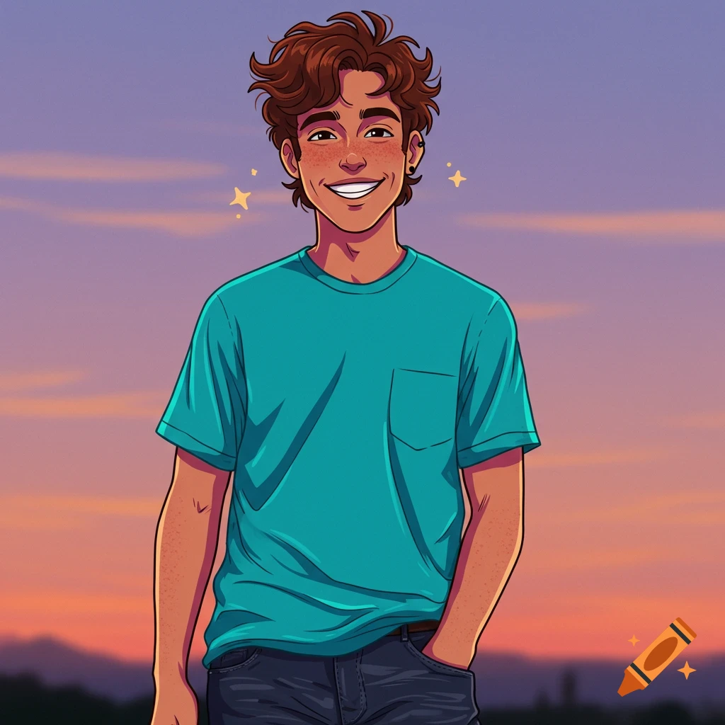 A smiling young man with freckles and curly hair against a sunset sky.
