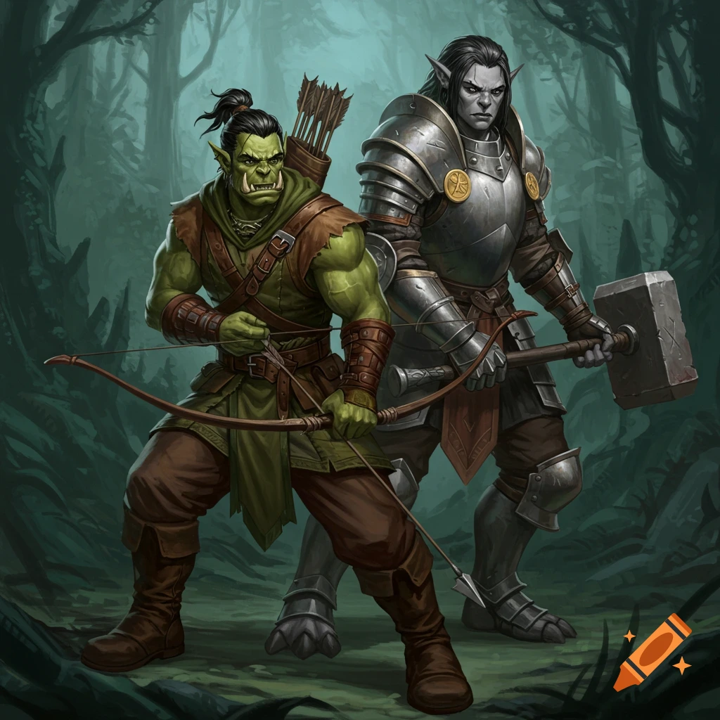 An orc ranger with a bow and quiver and a dark elf fighter in armor with a hammer stand in a forest.