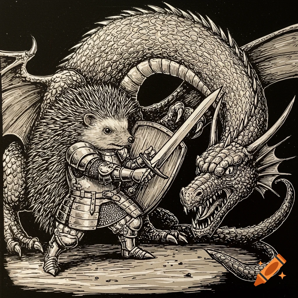 Ink drawing of a hedgehog knight fighting a dragon.