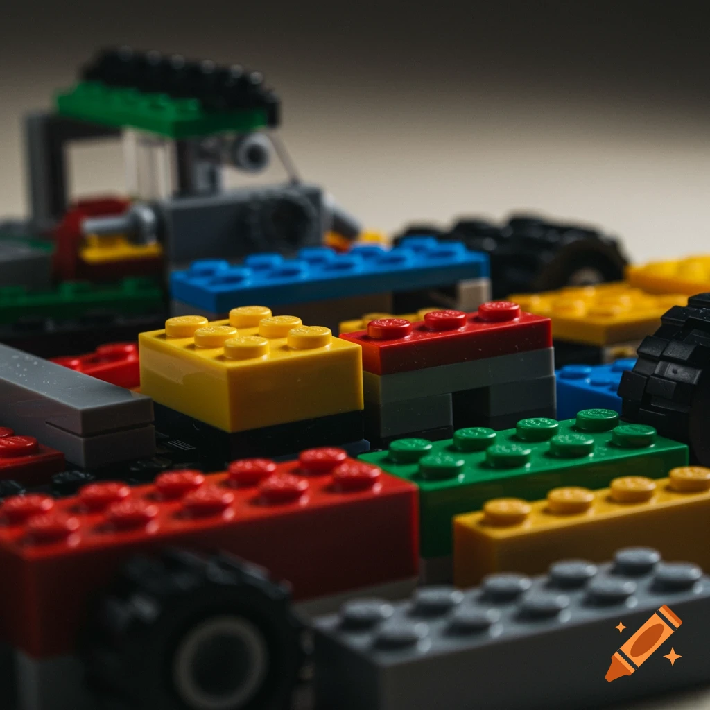 Close-up photorealistic image of colorful Lego bricks, some assembled into a vehicle.