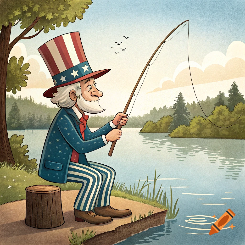 Illustration of Uncle Sam sitting by a lake and fishing.