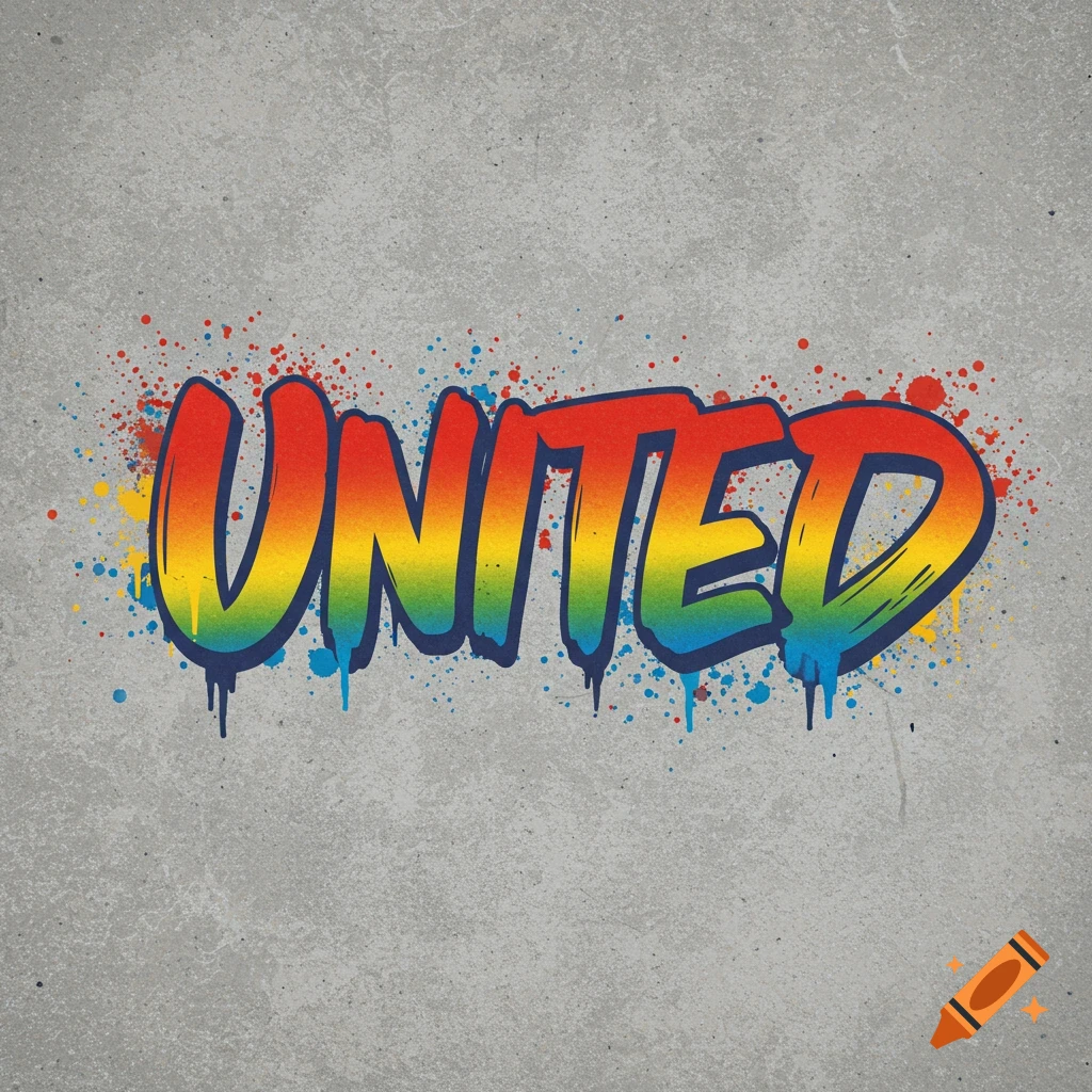 Graffiti text 'UNITED' in rainbow colors on a concrete wall.