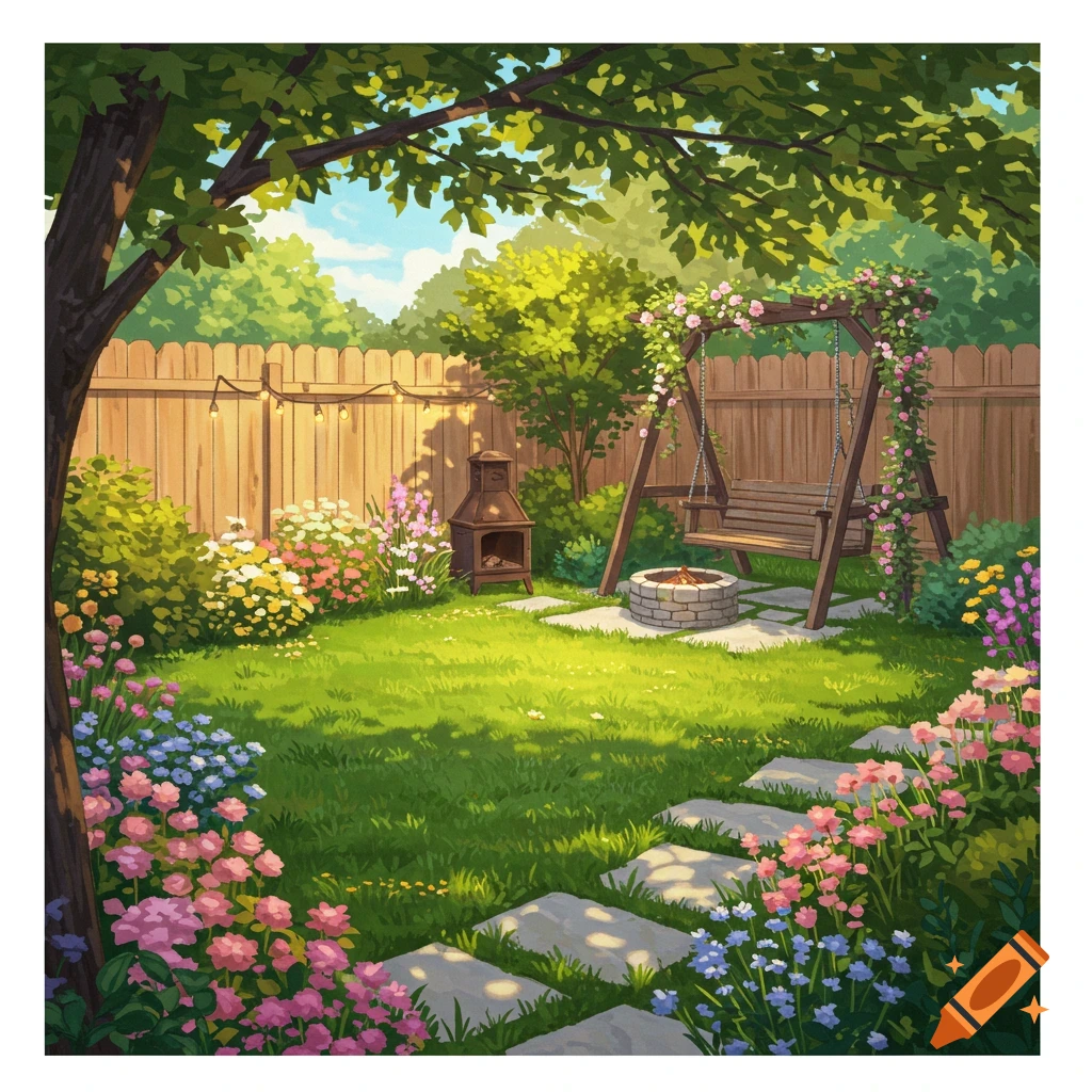 A bright image of a sunny backyard with a swing set, fire pit, chiminea, stone path, and blooming flowers.