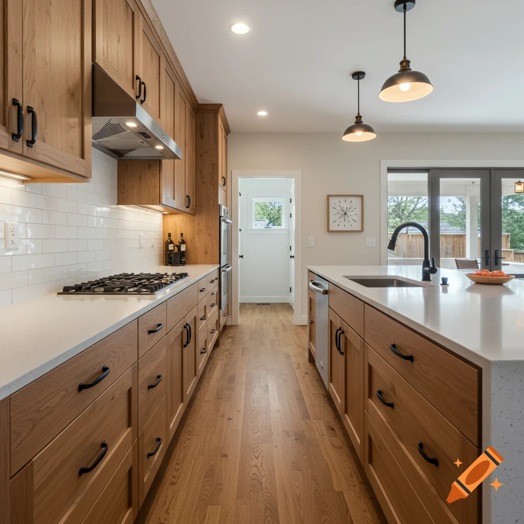 A modern galley kitchen with light wood cabinets, white subway tile, and a large island.