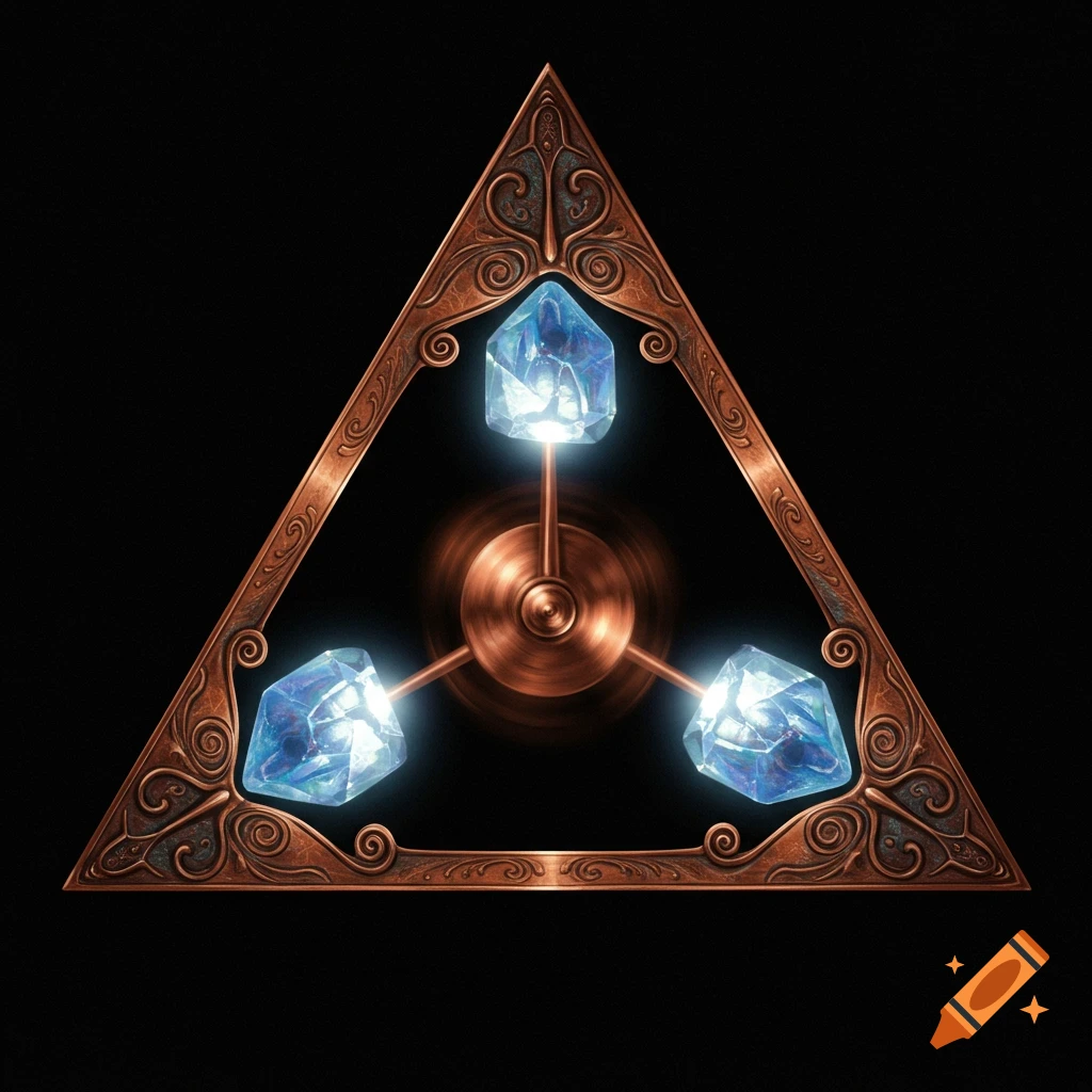 A copper triangle with glowing blue crystals around a central mechanism on a black background.
