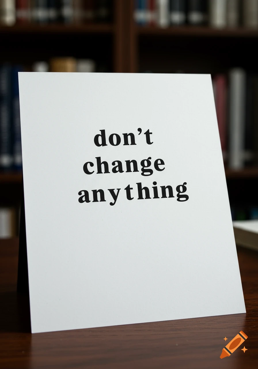 A card with 'don't change anything' text sits on a table in front of bookshelves.