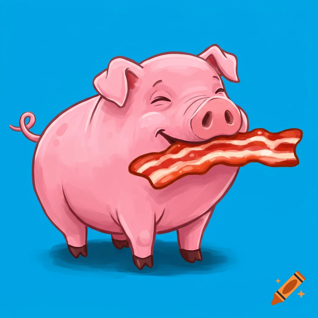 Cartoon illustration of a pink pig happily eating a strip of bacon.