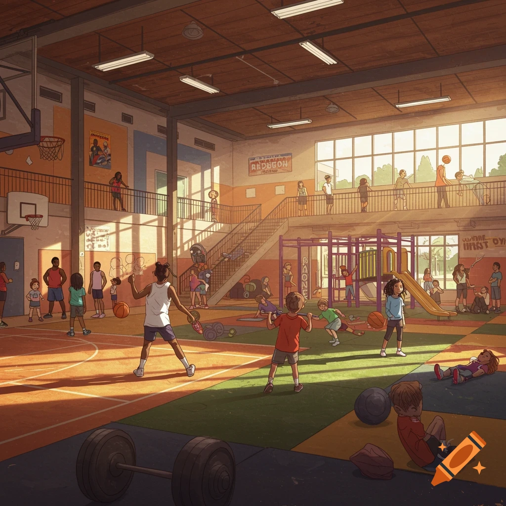 A bustling recreation center with people playing basketball, using weights, and children on a playground.