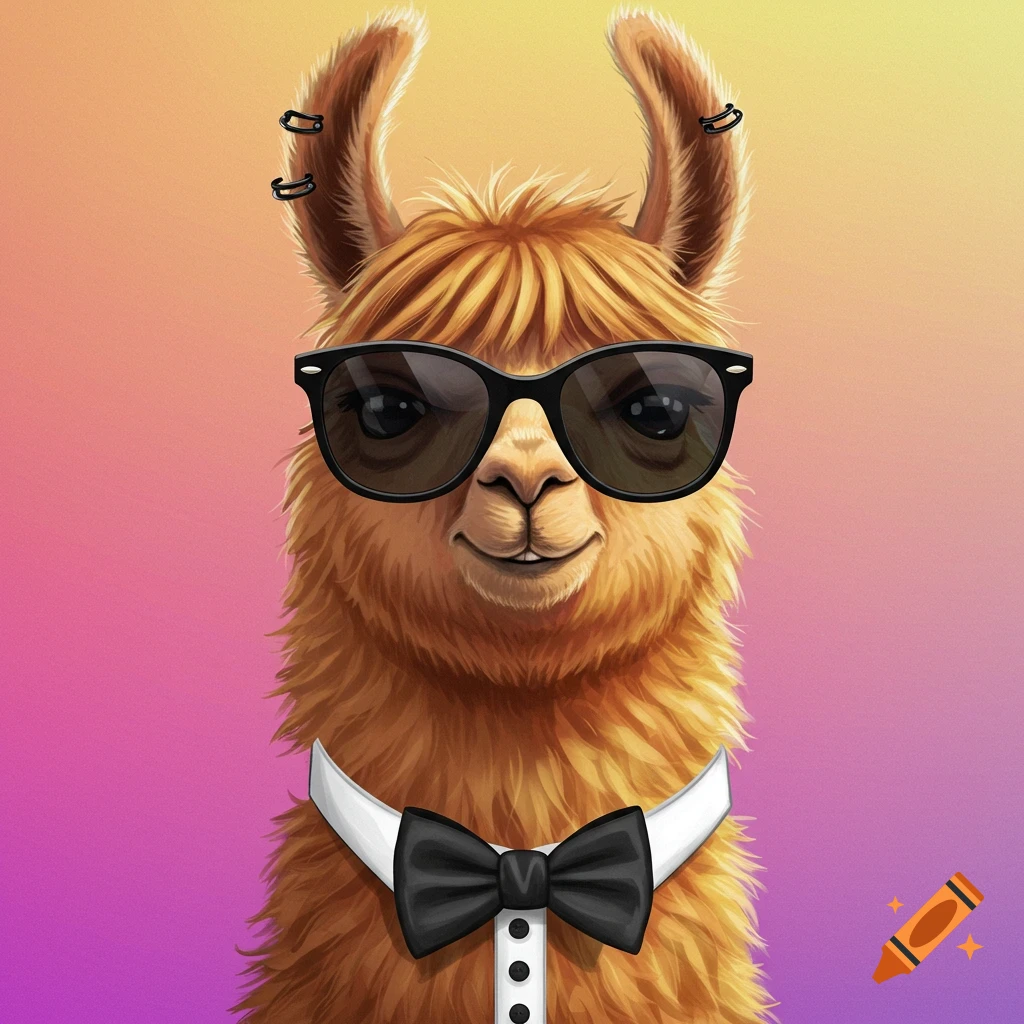A llama wearing sunglasses and a black bow tie
