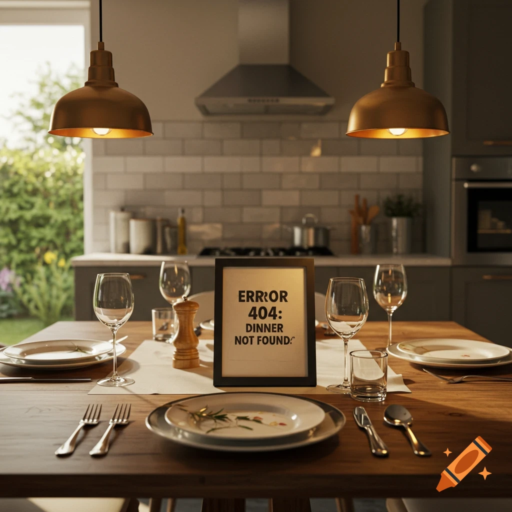 A dinner table set in a kitchen with a sign that says 'ERROR 404: DINNER NOT FOUND'.