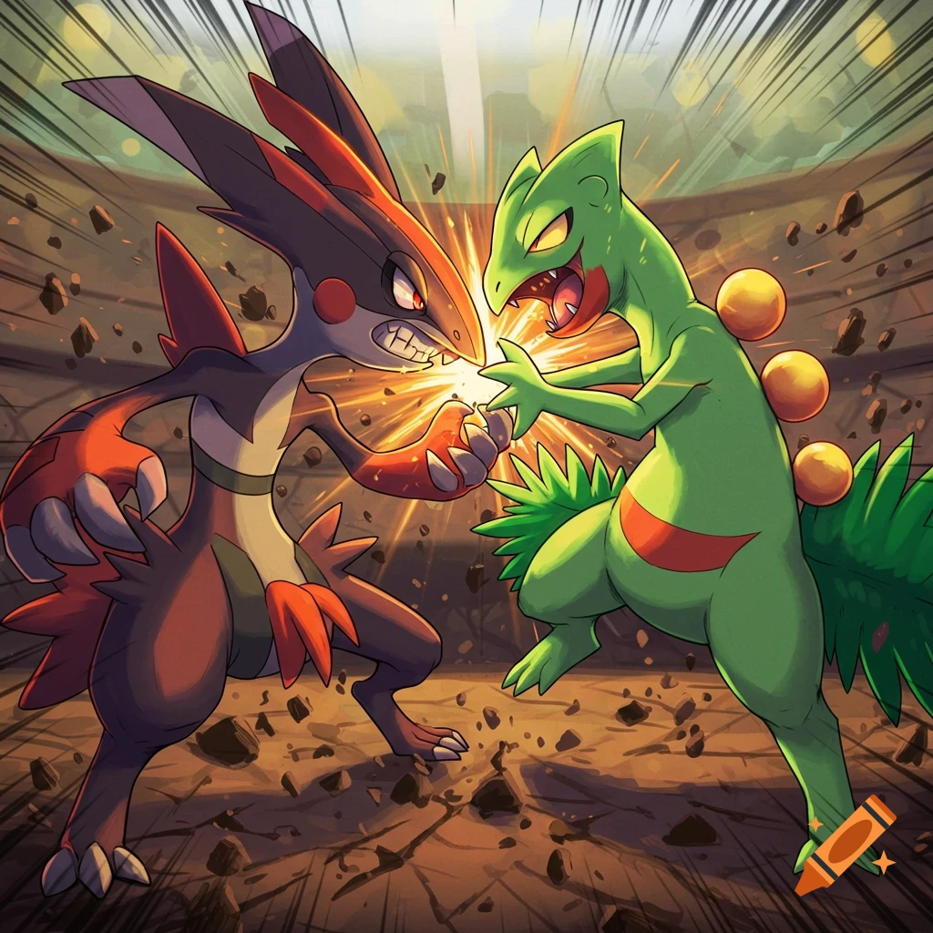 Ceruledge and Sceptile clash in a dynamic battle scene.